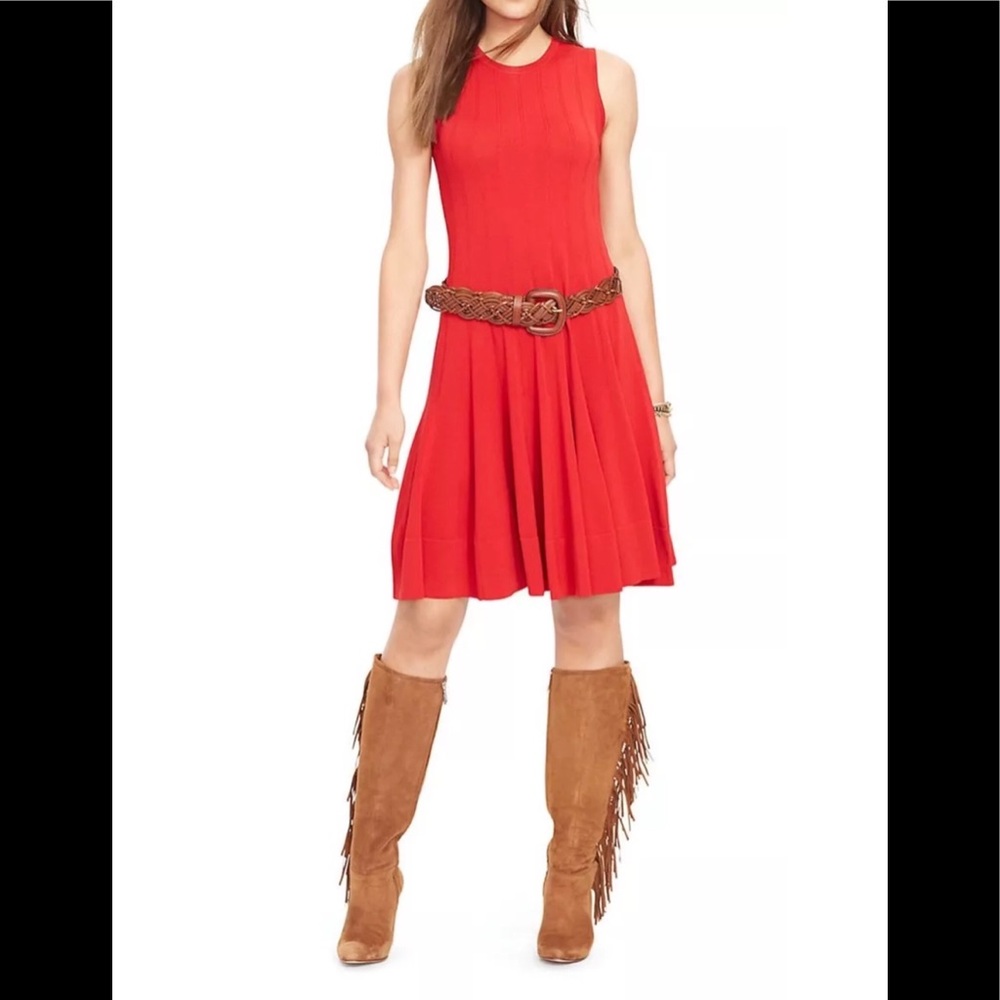 NWT Lauren Ralph Lauren Fit & Flare Knit Sleeveless Dress Red Sz L